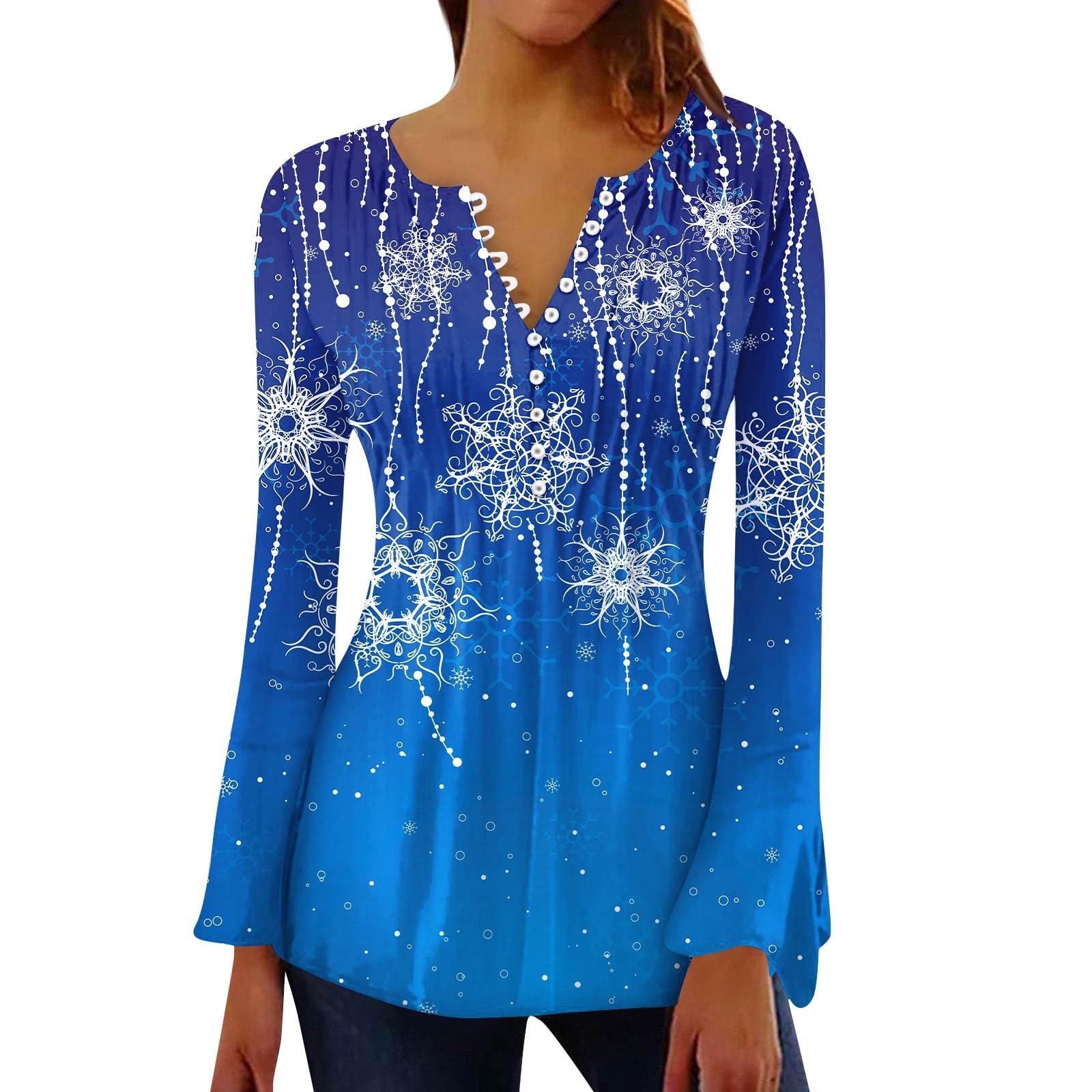 Huazi2 Button Down Blouses For Women Christmas Sweatshirt Holiday Party Xmas Dresses Casual Long Sleeve V Neck Tunic Tops