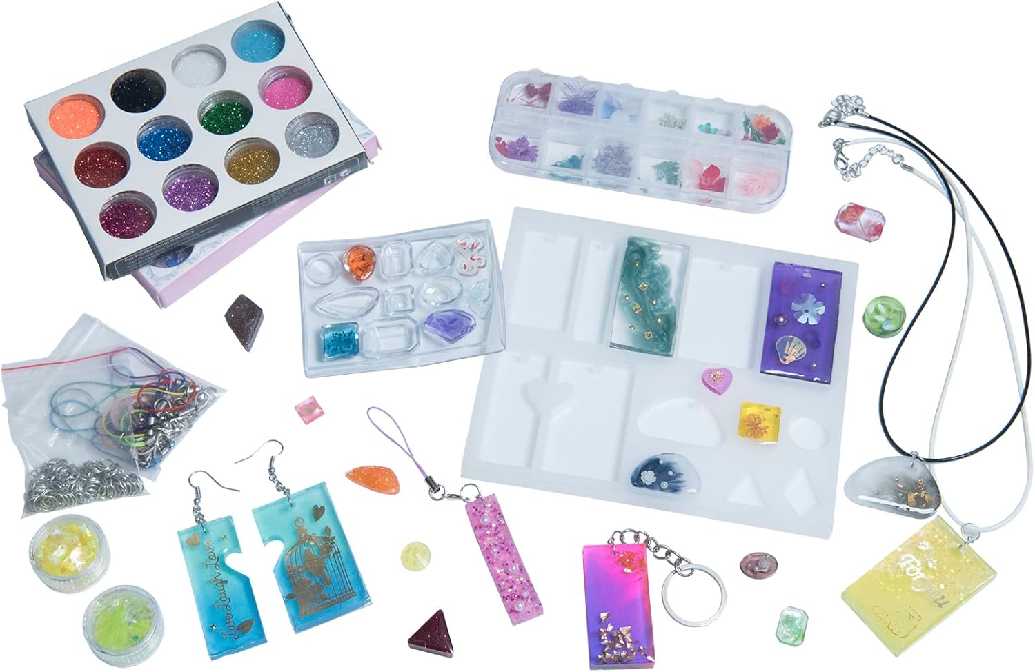 Frenshion 10 Pieces 30ML Crystal Epoxy Resin +12Molds with 100 Rings + UV Led Lamp+15ML Shine Oil for DIY Handcraft Jewelry Earrings Necklace Bracelet Making Crafting