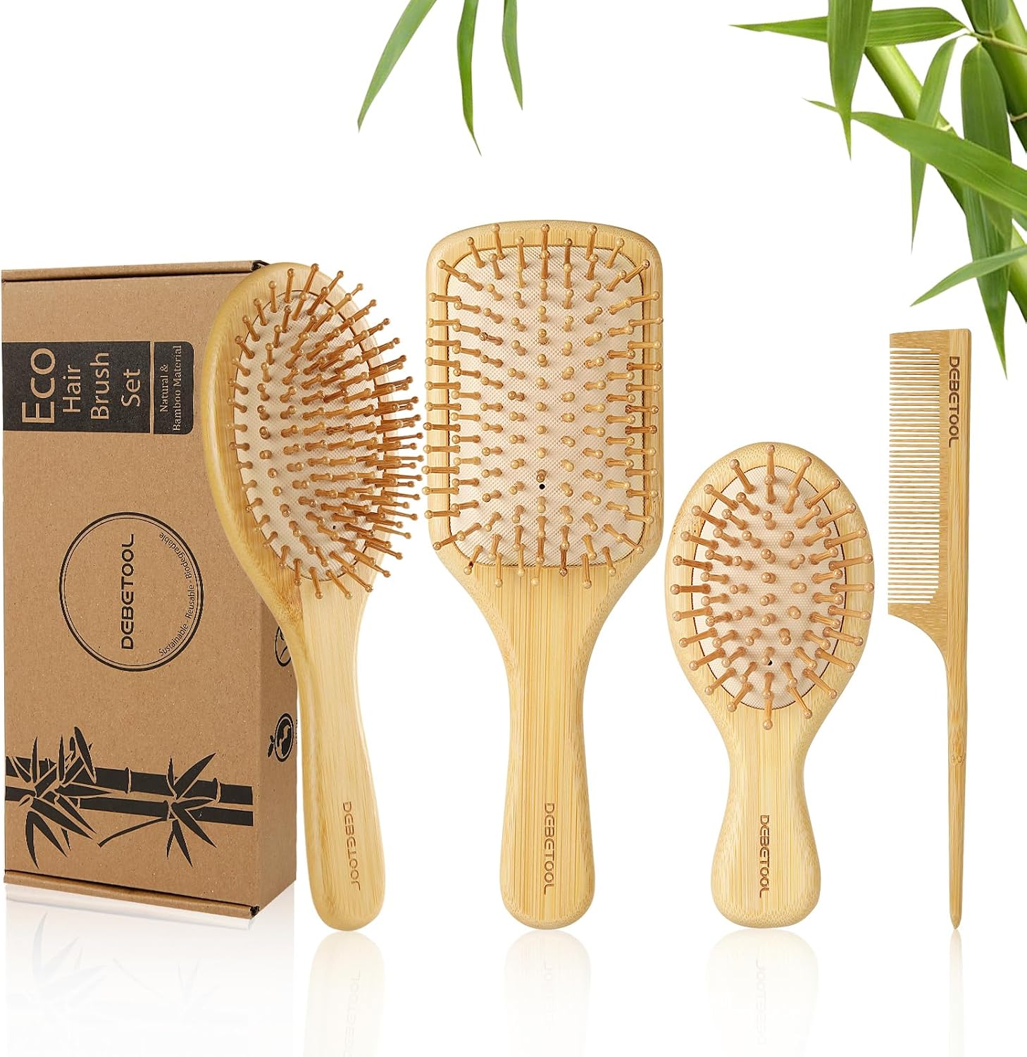 DEBETOOL Bambu Saç Fırçası ve Tarak Seti Kadınlar Erkekler ve Çocuklar için, Doğal Bambu ahşap Geniş diş fırçası ve kuyruk tarağı - Islak Kuru Kıvırcık Saçlar için Kürek Dolaşık Açıcı Fırça
