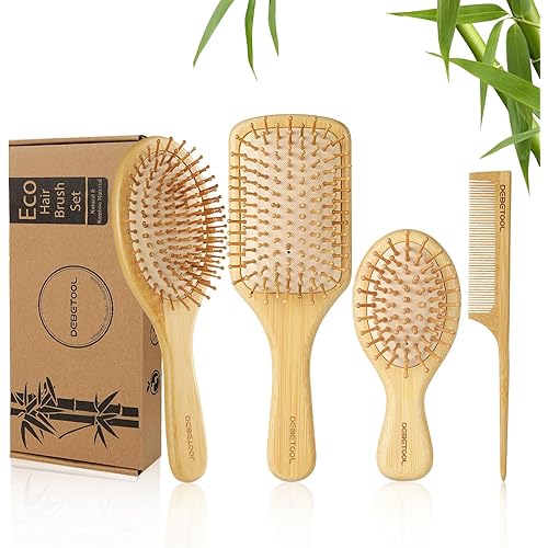 Bamboo Hair Brush and Comb Set for Women Men and Kids,Natural Bamboo wood Wide-tooth brush and tail comb - Paddle Detangling Brush for Wet Dry Curly Hair