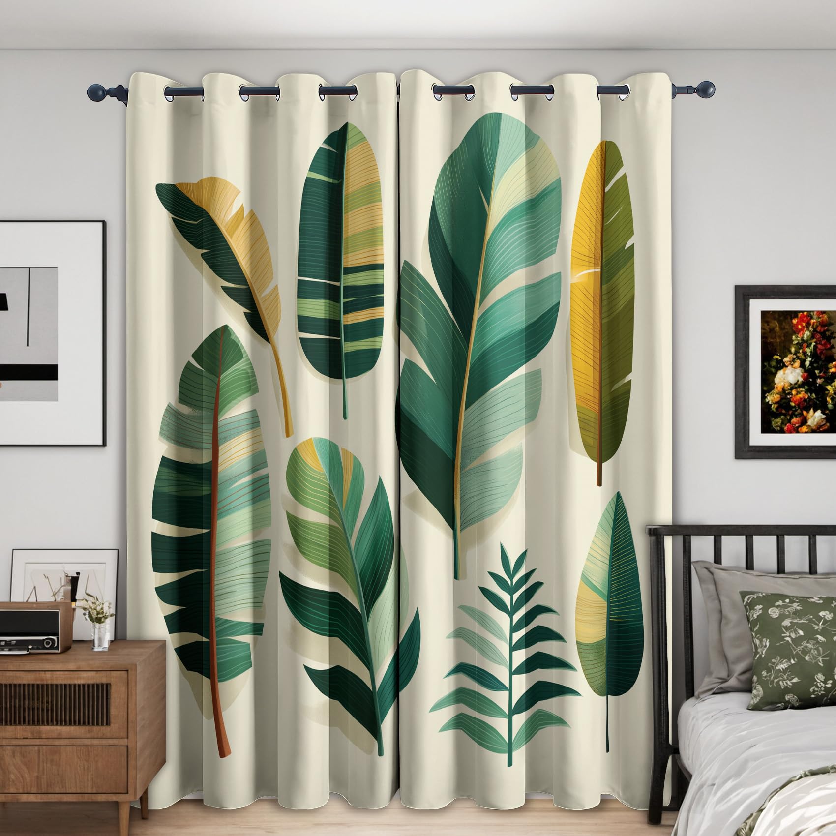 Rideau Occultant Feuille De Bananier, Feuilles Tropicales Motif Rideaux Thermiques à Oeillets, Rideaux Imprimé pour Salon Chambre Fenetre Moderne Décoration, 117x183 cm (L x H), Lot de 2