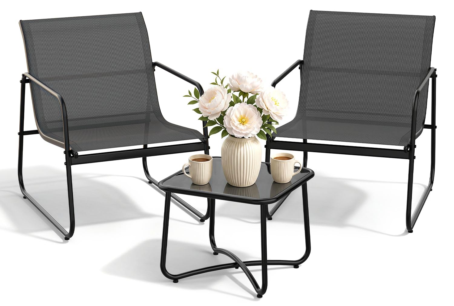 Gartenmöbel Set 3-teilig – Balkonmöbel mit 2 Schaukelstühlen Outdoor und Tisch, Balkonmöbel Set für kleinen Balkon, Outdoor Möbel wetterfest, Textilene Sitzgruppe für Terrasse & Garten