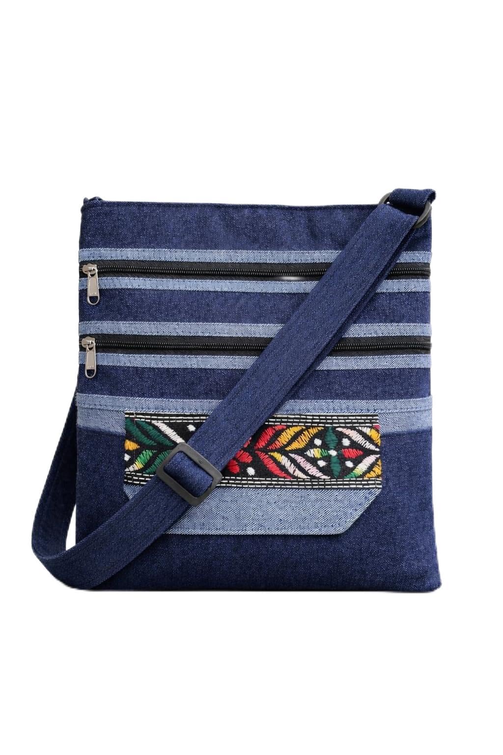Denim Crossbody Bag, Blue, Embroidered Patch Detail, Multi-Zip Pockets, Casual Sling Bag with Adjustable Strap-image-10
