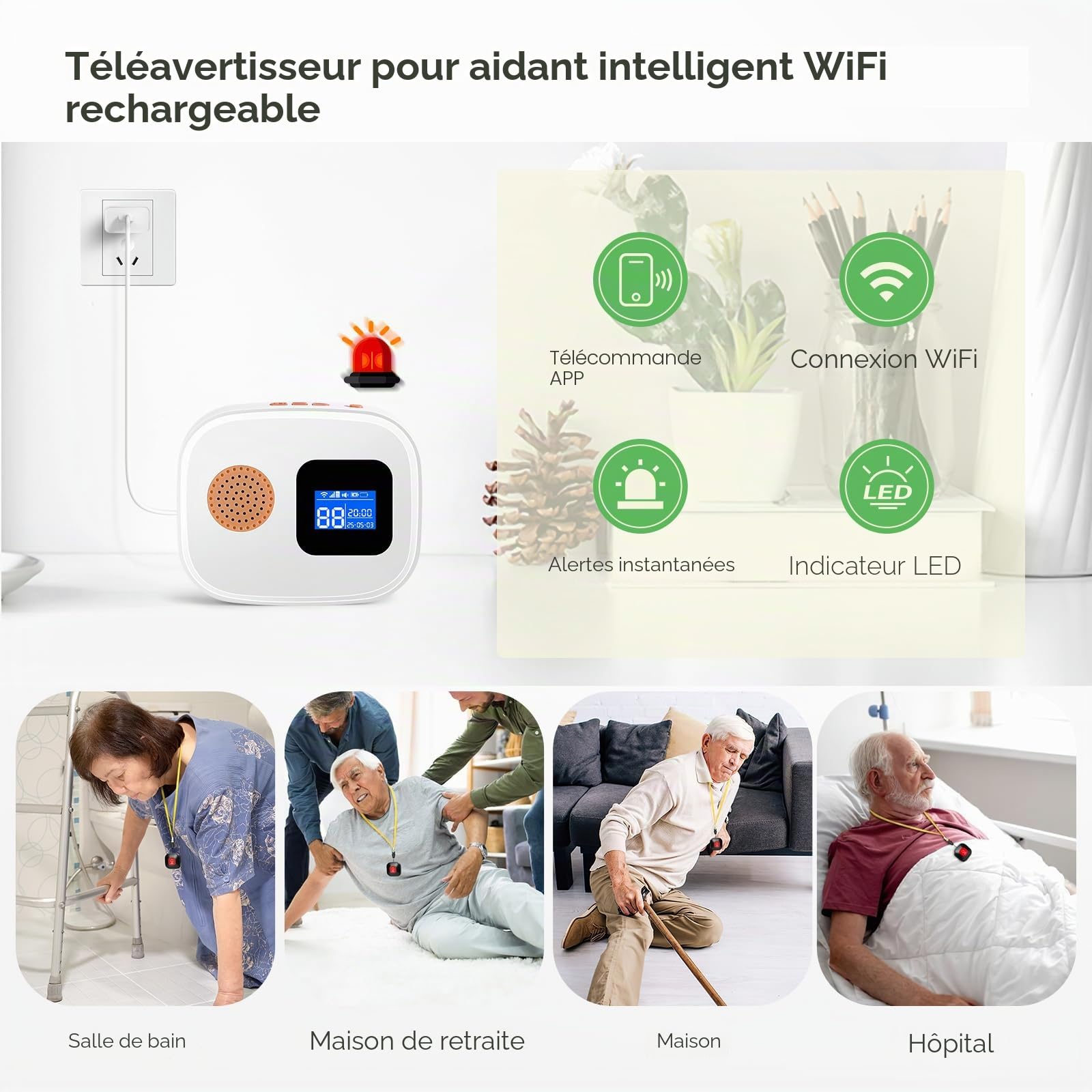 Bouton d'urgence pour personnes âgées, système d'alerte de sonnette d'urgence WiFi intelligent connecté au téléphone, système d'alarme domestique avec bracelet d'urgence pour patients