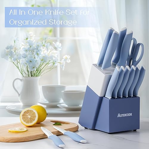 Miniatura 8 de Astercook - Juego de cuchillos de cocina con bloque y afilador de 15 piezas. Cuchillos alemanes de acero inoxidable de alta carbono con Azul