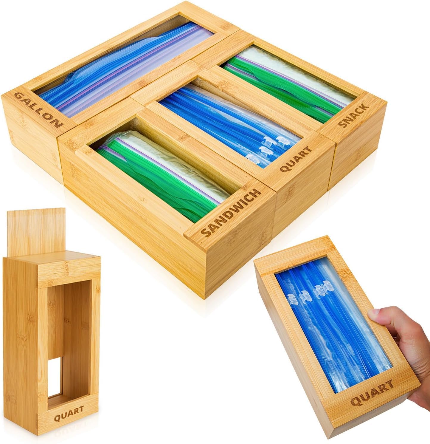 Mhomebilt Bamboo Mhomeaid Bag Storage Organizer - Food Plastic Baggie Holder, Dispenser, And Container For Kitchen Drawer - Fits Ziplock And Ziploc Gallon, Quart, Sandwich & Snack Sized Slider Bags (Bamboo)