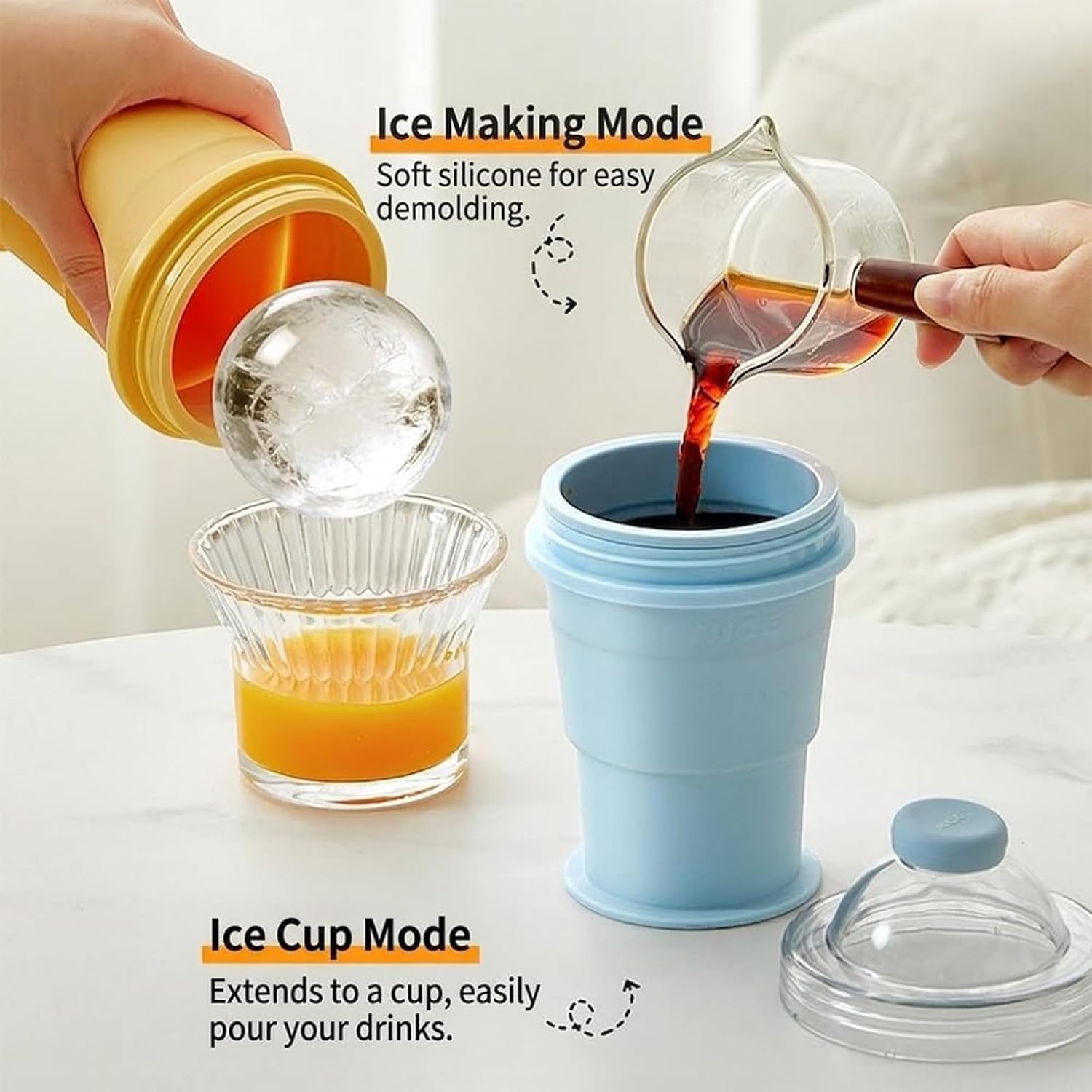 2-in-1 Collapsible Silicone Ice Ball Maker Cup, 6cm Spherical Ices Mold, Reusable Portable Ice Sphere Mold with Straw, Leakproof Travel Tumbler for Coffee, Juice, Home, Gym, Outdoor (Blue+Blue)