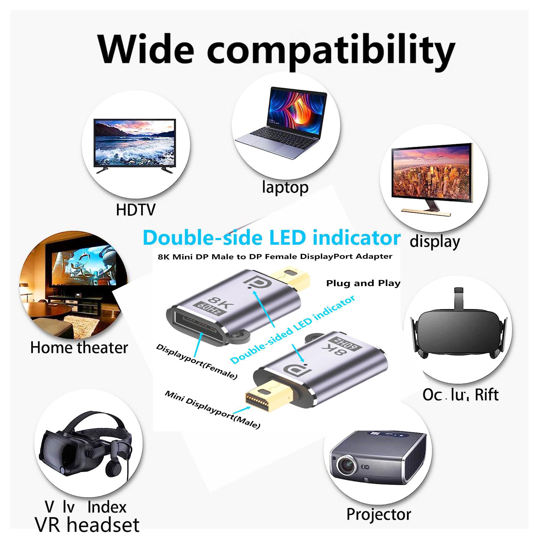 QIANRENON 8K DP Adattatore DisplayPort DP1.4 Maschio a femmina HD Convertitore, Supporto HDR 3D 8K@60Hz, Alluminio, Per computer portatili, HDTV, monitor, home cinema