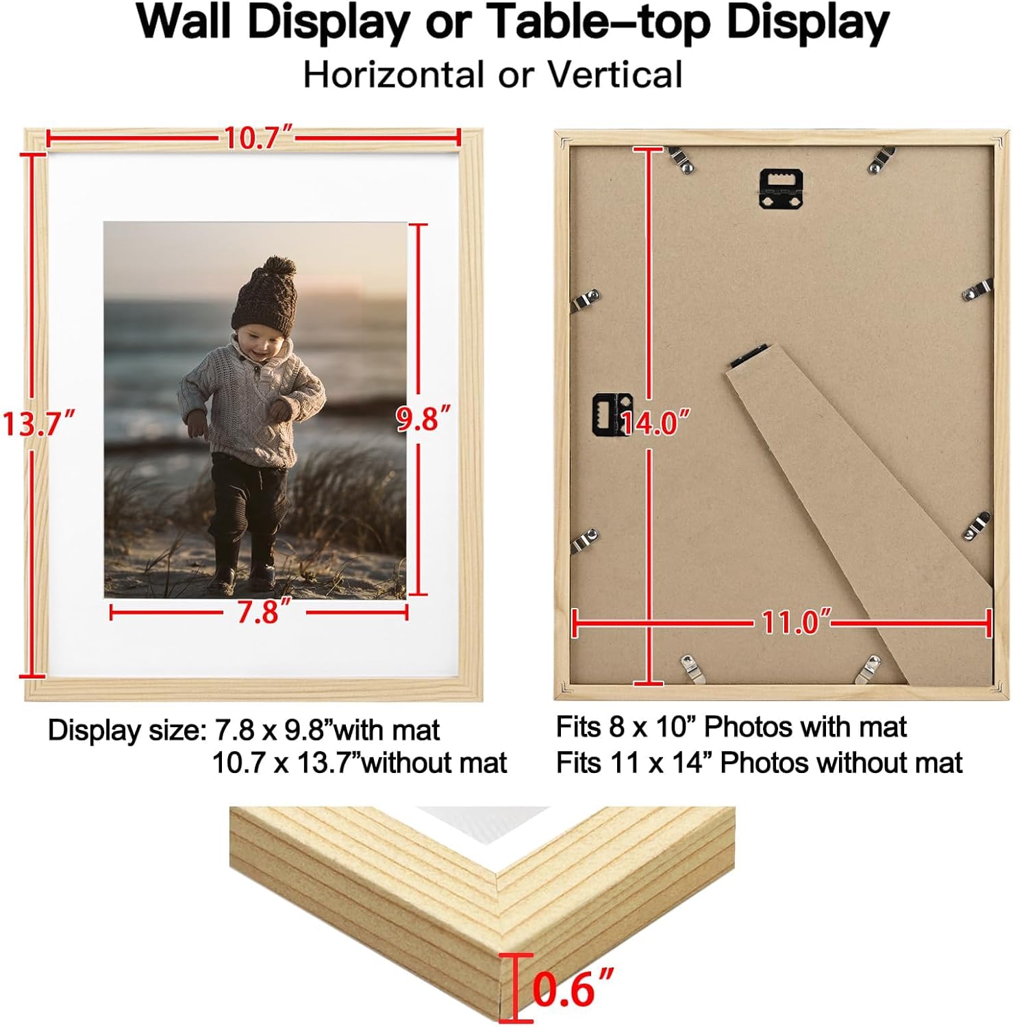 KINLINK 11x14 Picture Frame Set of 6, Wooden 14x11 Photo Frames with Plexiglass for 8x10 Picture with Mat or 11x14 Without Mat, Collage for Wall Gallery and Tabletop Display, 11 x 14 Frame Wood Grain