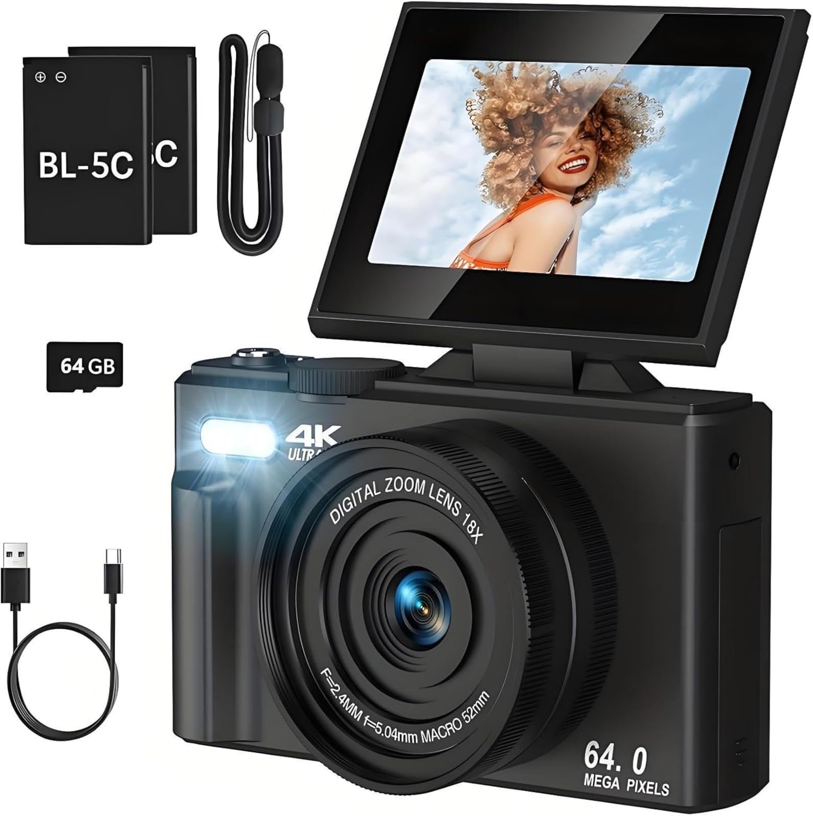 Cámara digital, cámara 4K Ultra HD, conectividad WiFi, zoom digital de 18x, resolución de 64 MP, pantalla abatible, para vlogging y viajes