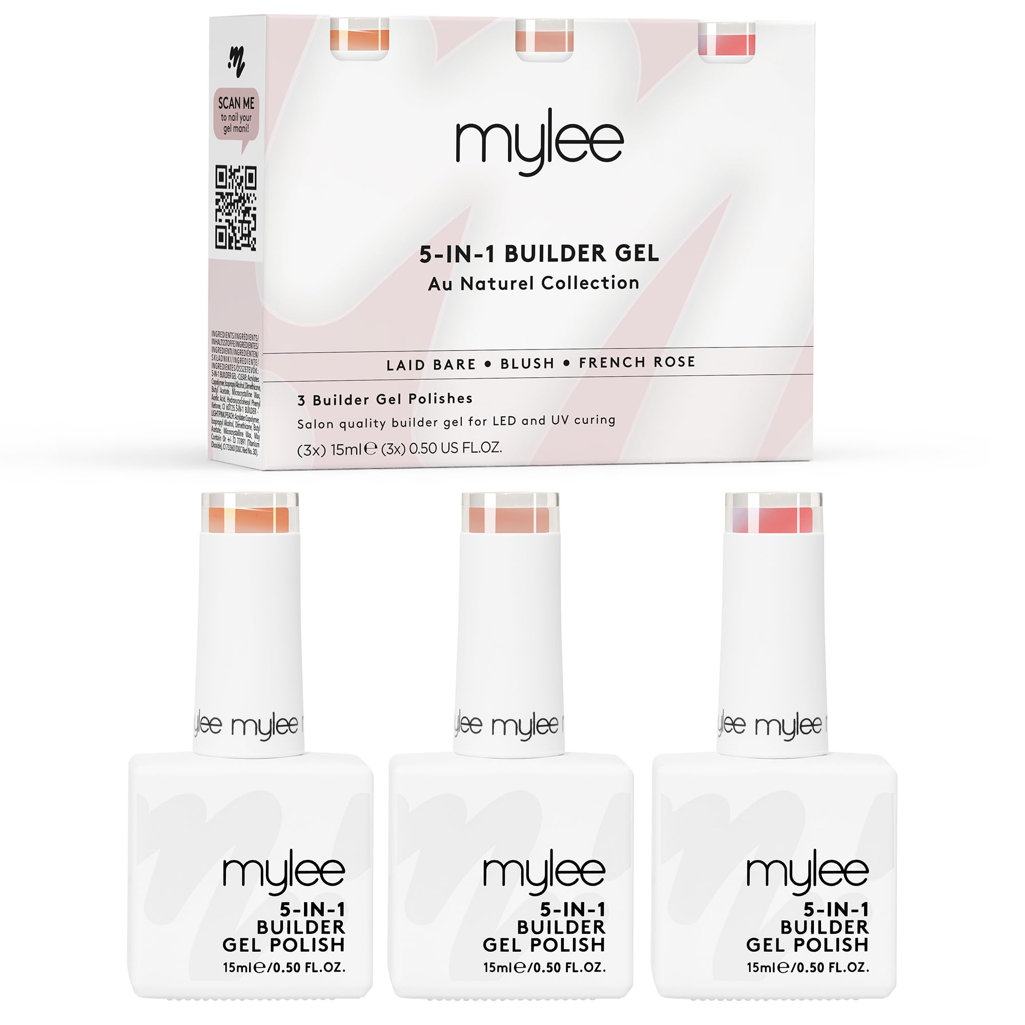 MYLEE5 in 1 Builder Base Strengthening Gel Trio 3x15ml, UV/LED Nail Polish Coat, Hard Strong Nails Tips & Extensions, Nail Art Decoration, Decals & Jewels, Professional Manicure Repair (Au Naturel)