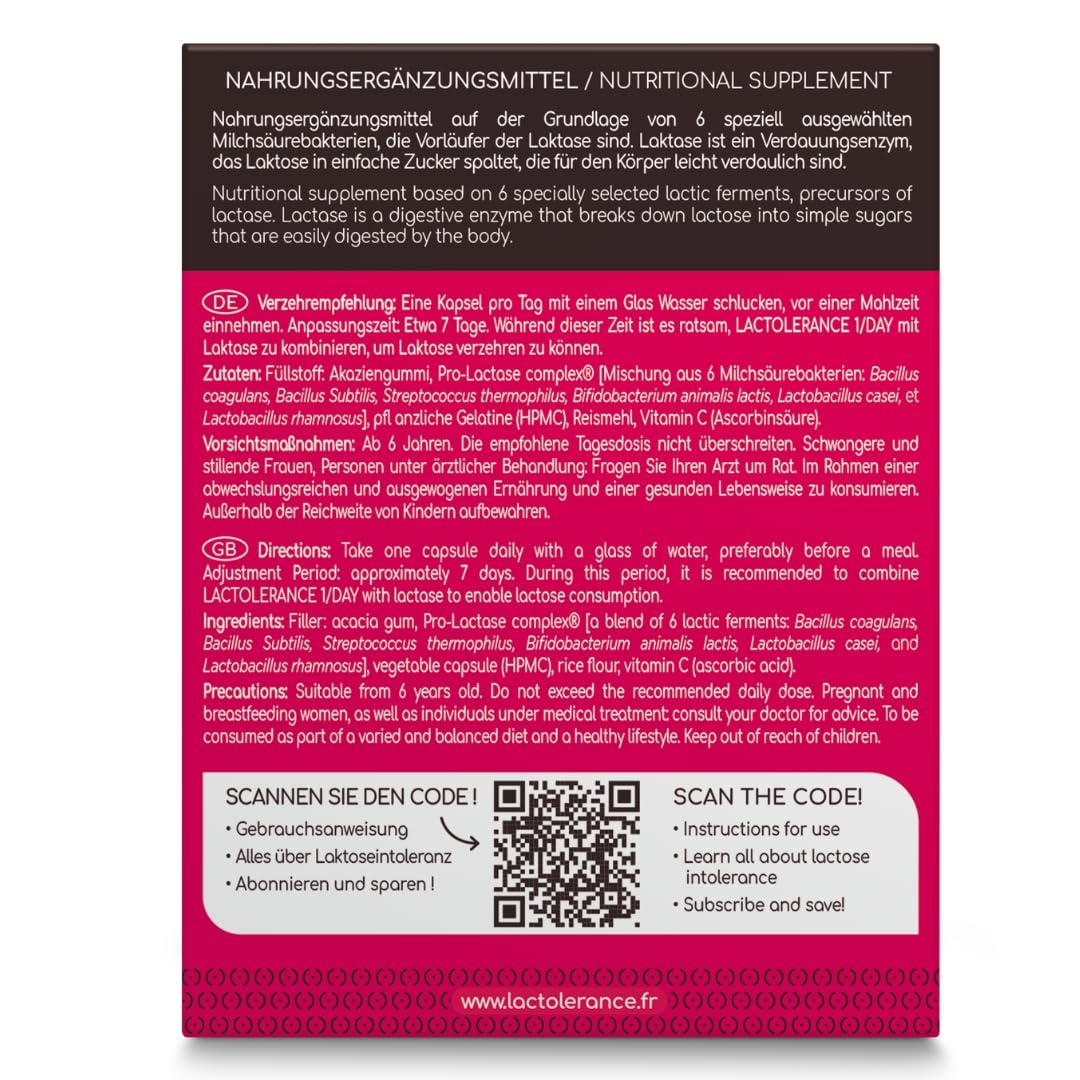 LACTOLERANCE 1/DAY Laktase-Vorstufe, Milchsäurebakterien, 24h, 90 Kapseln | Nur 1 Kapsel pro Tag. 24-Stunden-Schutz. Geeignet bei Laktoseintoleranz. Unterstützt die Laktoseverdauung. Probiotika.