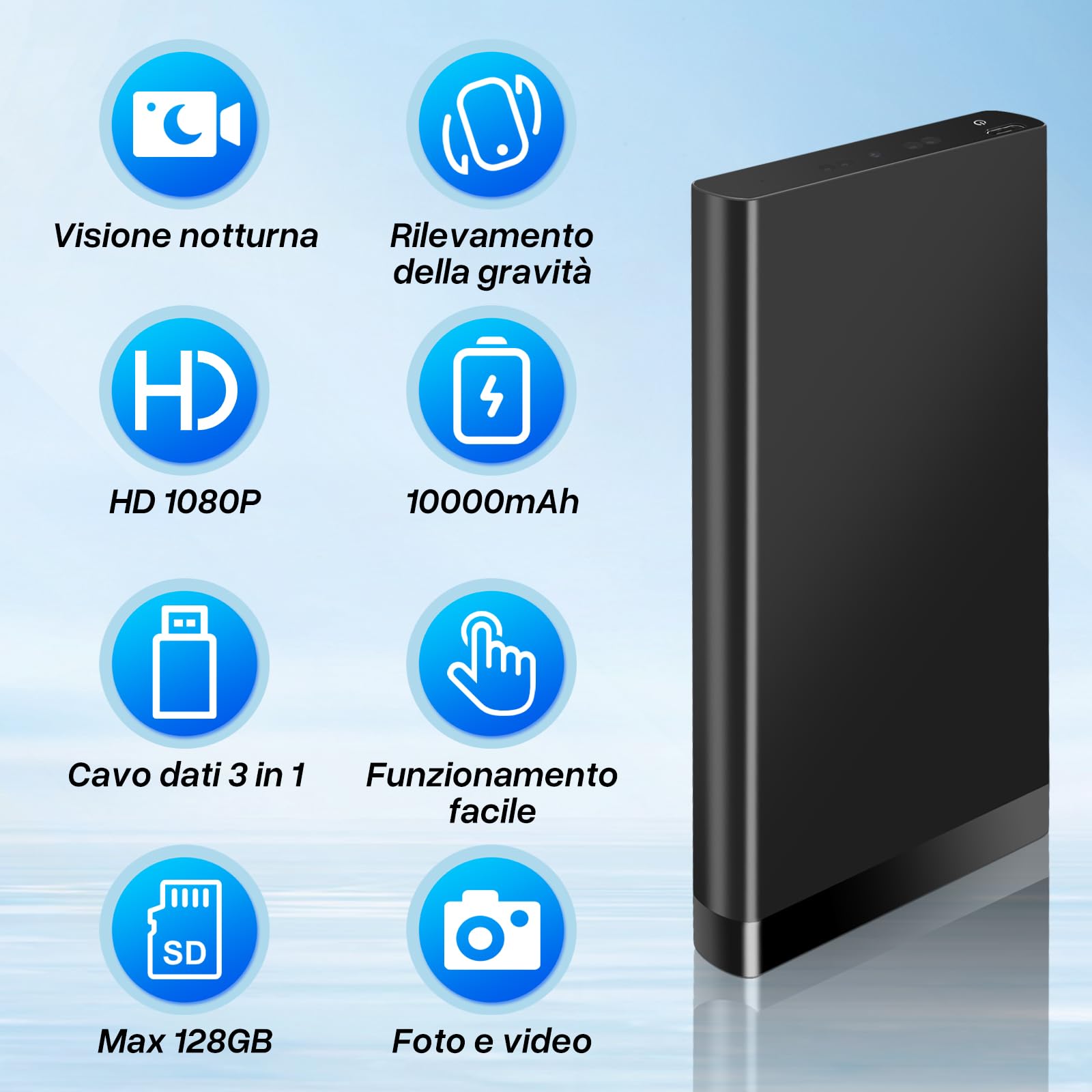 Portatile Telecamera Nascosta, 10000mAh Power Bank Micro Camera Spia Nascosta, HD 1080P Mini Spy Cam con Visione Notturna e Sensore di Gravità per Interno/Esterno
