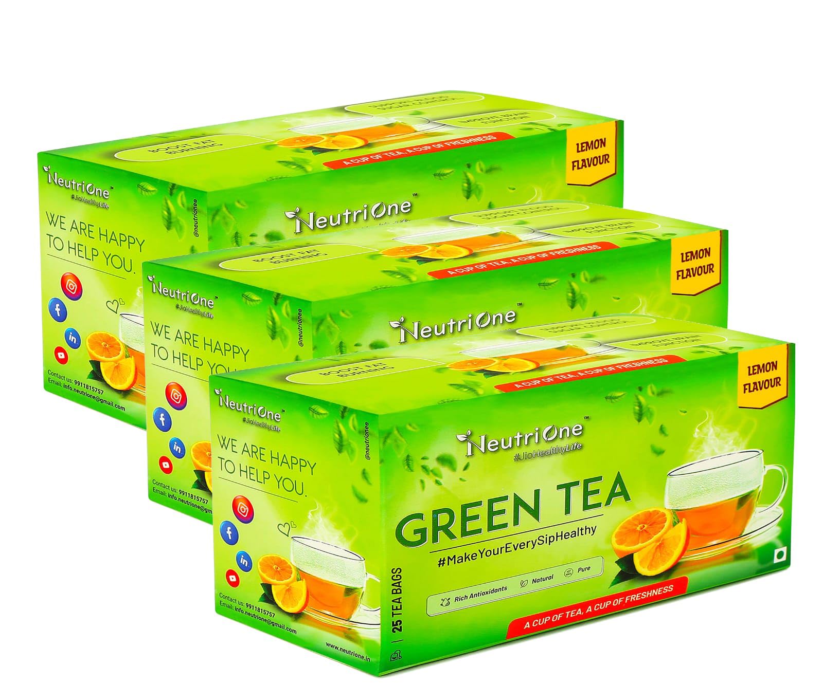 NeutriOne Green Tea Lemon for Weight Loss | Boost Immunity & Energy with Active Ingredients | Premium Loose Leaves (Pack of 3)