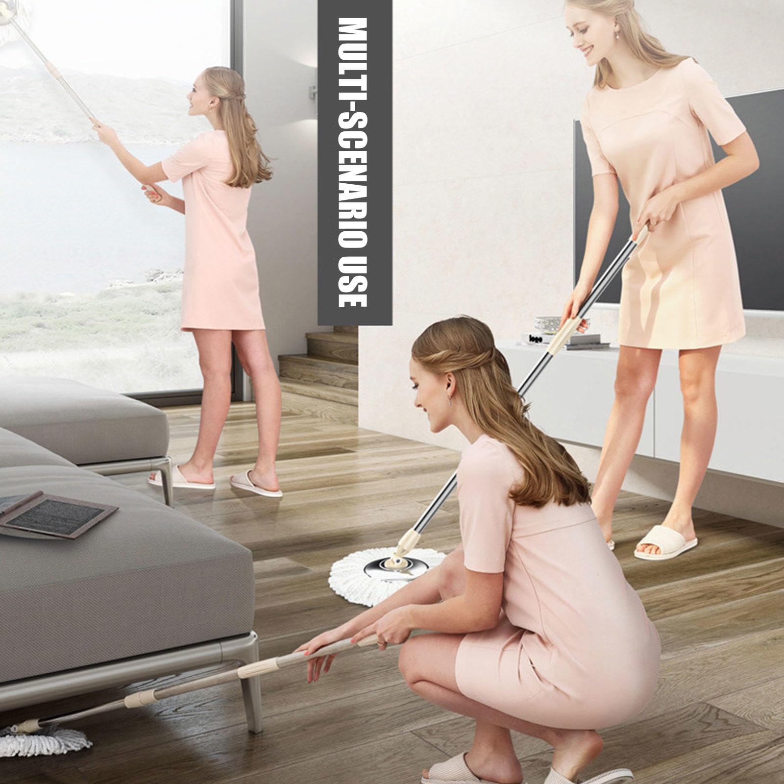 AMNOOL Cubo de Trapeador Giratorio Sistema de Limpieza de Piso Giratorio 360 con 5 Recambios de Cabeza de Repuesto de Microfibra, Mango de Acero Inoxidable Ajustable, Fácil de Mover con Ruedas