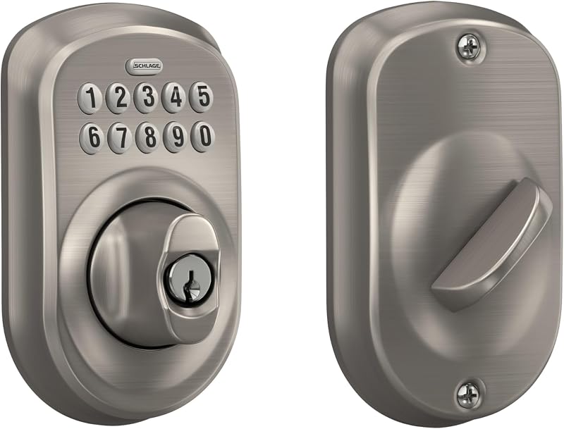 Schlage BE365 PLY 619 Plymouth Keypad Deadbolt, cerradura electrónica de entrada sin llave, níquel satinado