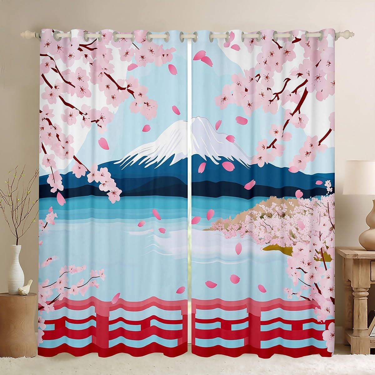 Erosebridal Cherry Blossom Flowers Window Treatment Japan Mount Fuji Window Curtains 76"X45",Japanese Style Curtain for Kids Youth,Ethnic Kawaii Draperies Lake View Bedroom Decor