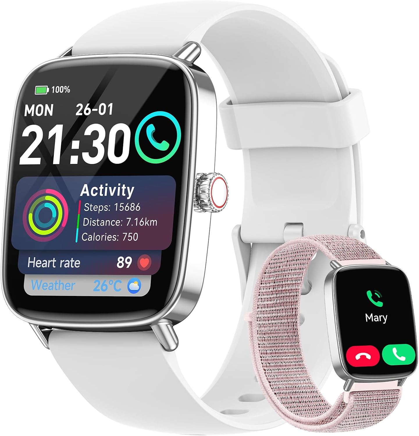 Smart Watches for Women (2 Bands), 1.85" HD Smartwatch for Android iPhone Samsung, Bluetooth Calls, Heart Rate SpO2 Sleep Monitor, 120+ Sport Modes, IP68 Waterproof, 7-Day Battery thumbnail