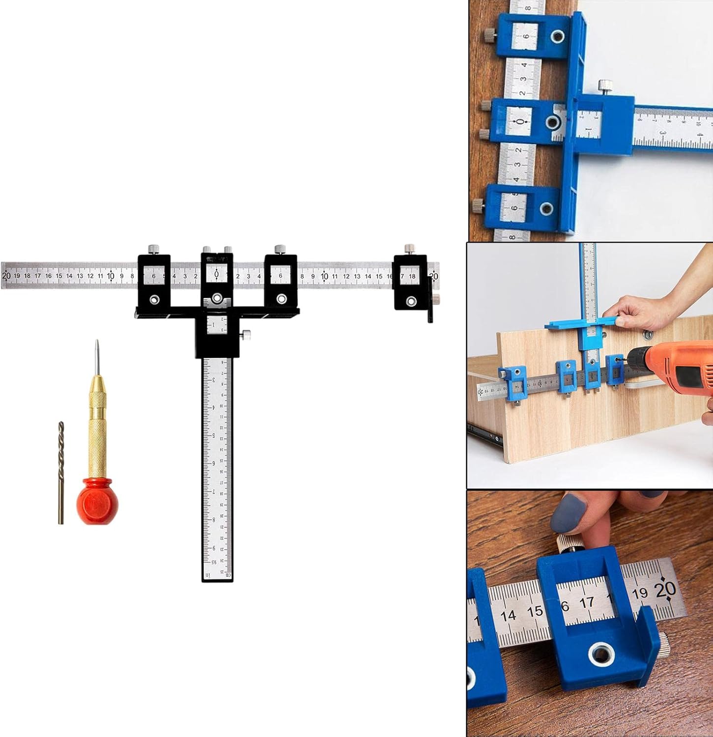 Woodworking Punch Locator Wood Drilling Guide Tool for Cabinet Knobs and Handles Easy Installation - and weight Design - Includes Drill Bit and Position Punch, black set