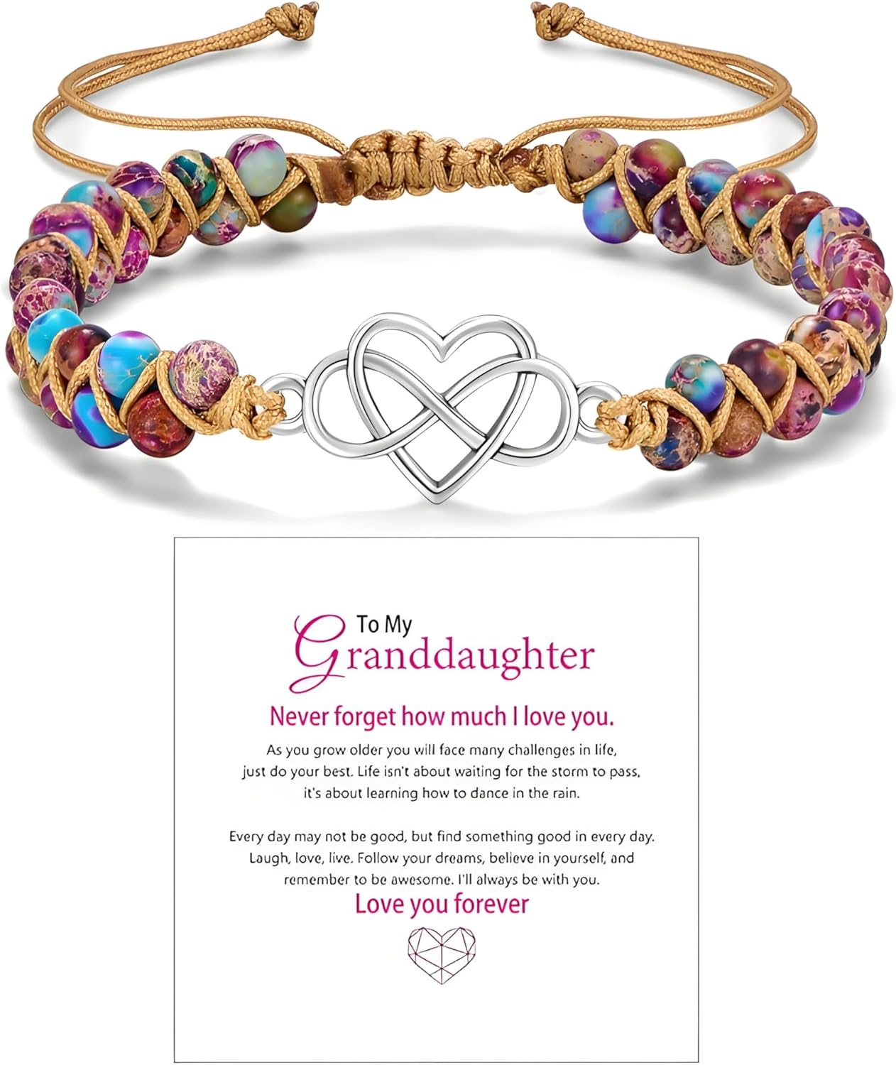 To My Granddaughter/Daughter/Mom Gift From Grandma -Infinity Heart Bracelet For Women, Natural Emperor Stone Double Layer Purple Beaded Woven Wrap Bracelets Adjustable Mind Peace Jewelry