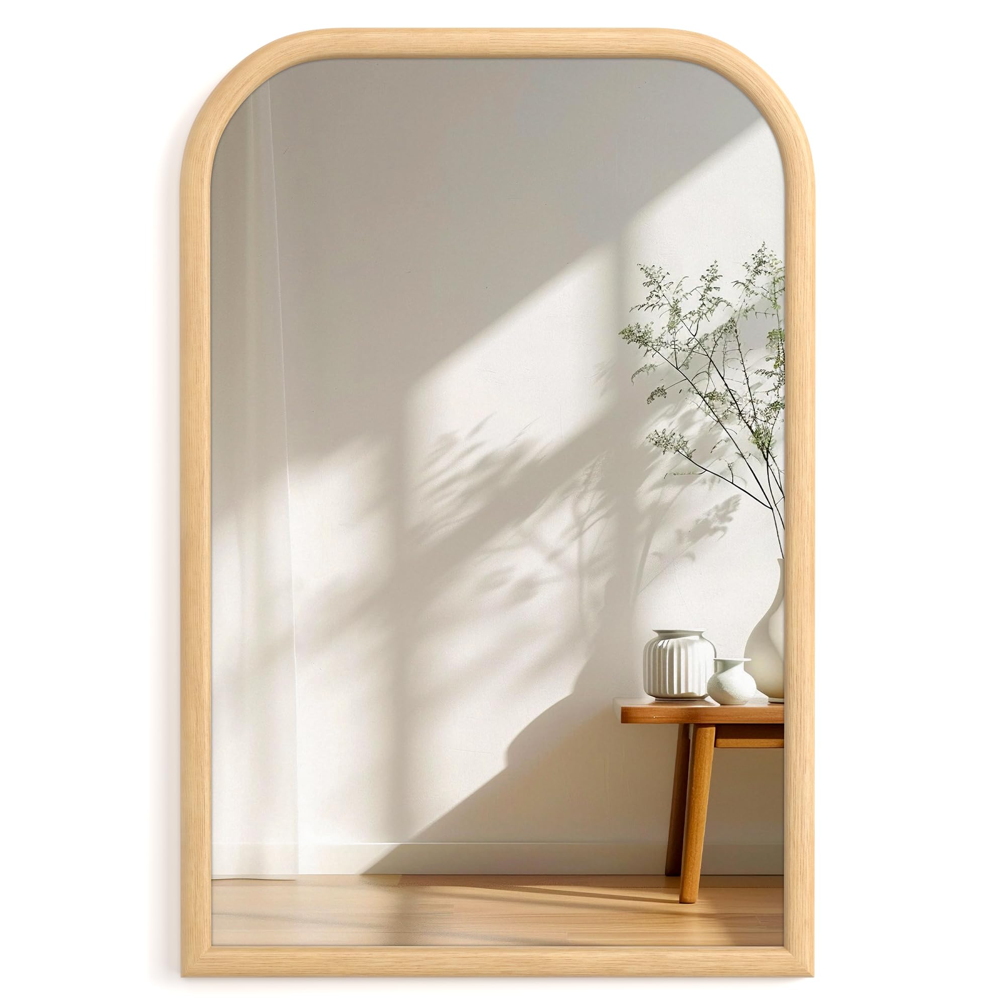 20"x30" Arch Wall Mirror for Wall, Wall Mounted Vanity Mirror for Bedroom, Wood Grain Finish Frame Mirror with Tempered Glass, Vintage Decorative for Bathroom, Entryway, Living Room, Natural