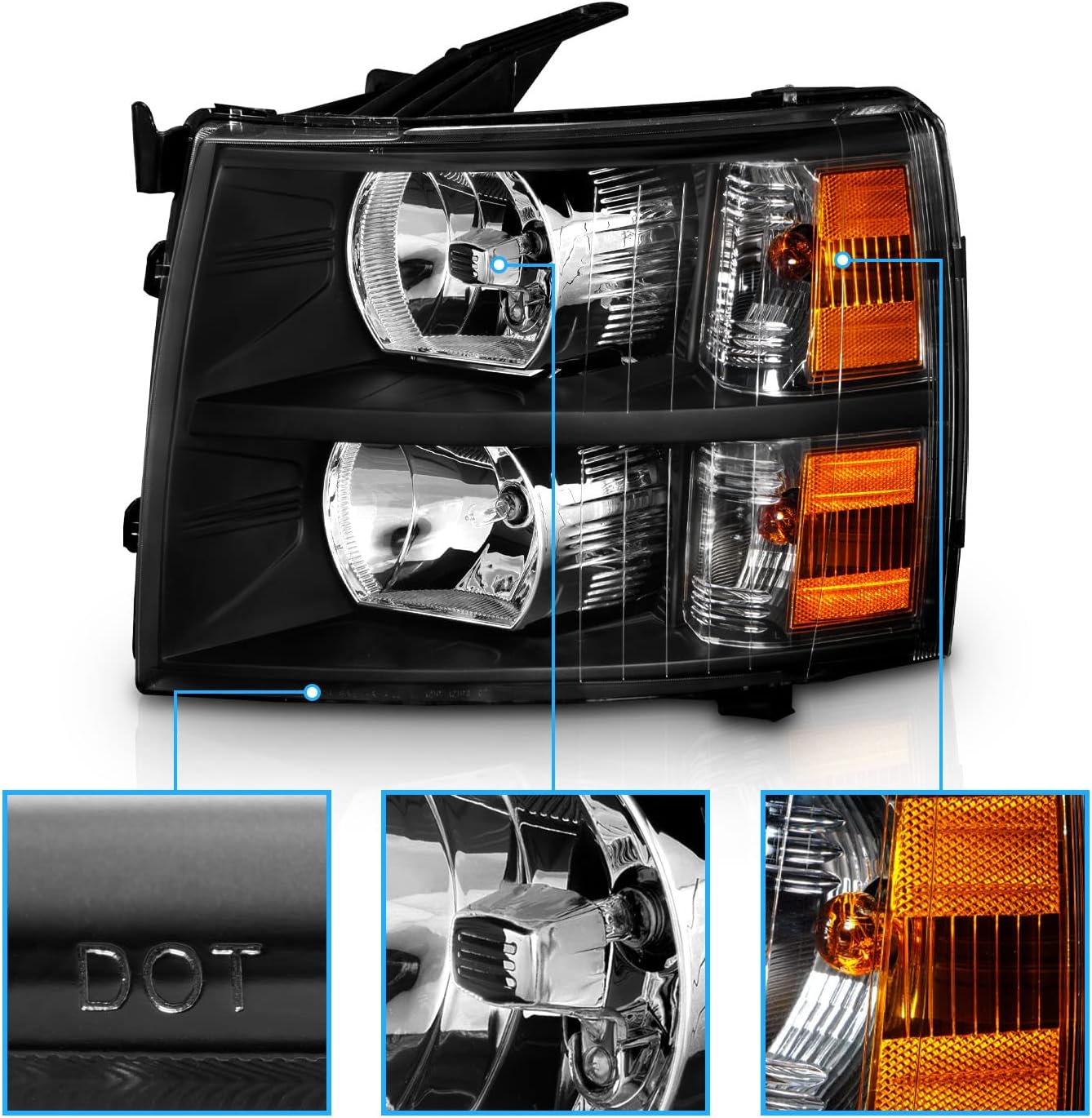 AmeriLite for 2007-2013 Chevy Silverado 1500/07-14 Silverado 2500HD 3500HD Pickup OE Style Black Replacement Headlights w/Bulb and Harness Amber Reflector Set - Passenger & Driver
