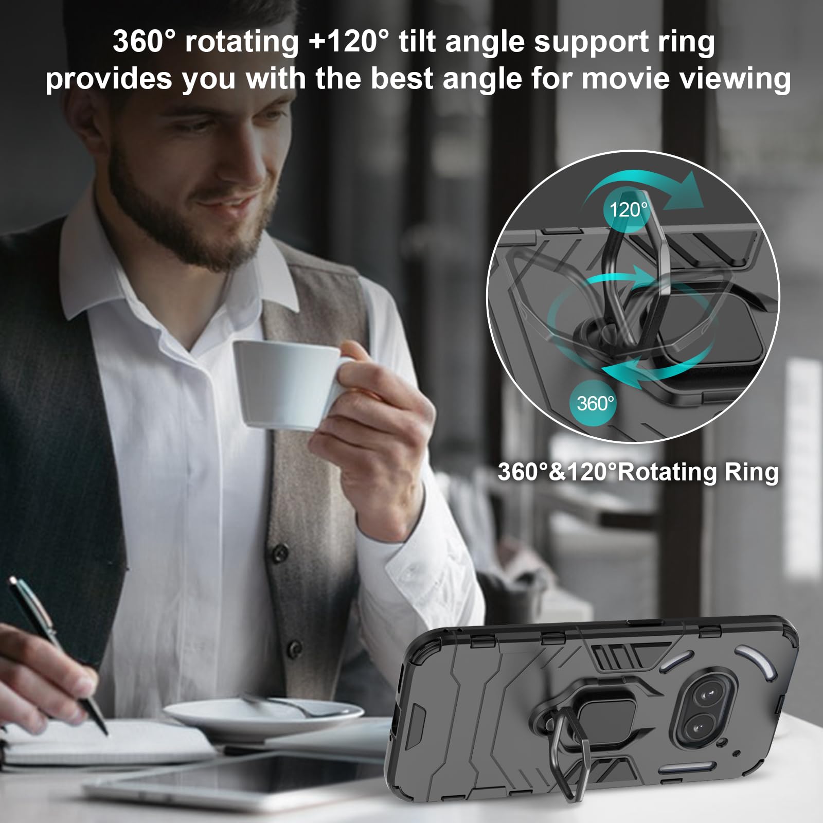 Funda para CMF Phone 2 Pro, Carcasa Antigolpes con Soporte anular metálico, Case Protectora de Grado Militar, Negro — view 698