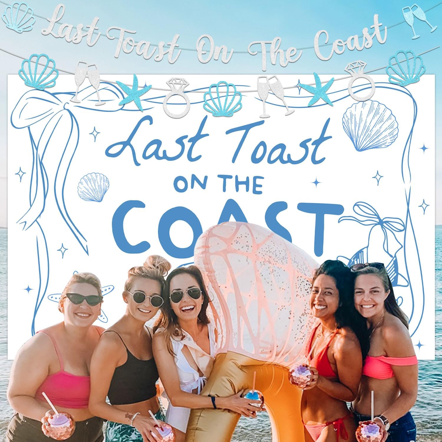 Last Toast on the Coast Bachelorette Decorations Backdrop Banner Coastal Grandma Party Decor Blue Shell Starfish Diamond Garland Cupcake Toppers for Summer Beach Bach Bachelorette Engagement Party