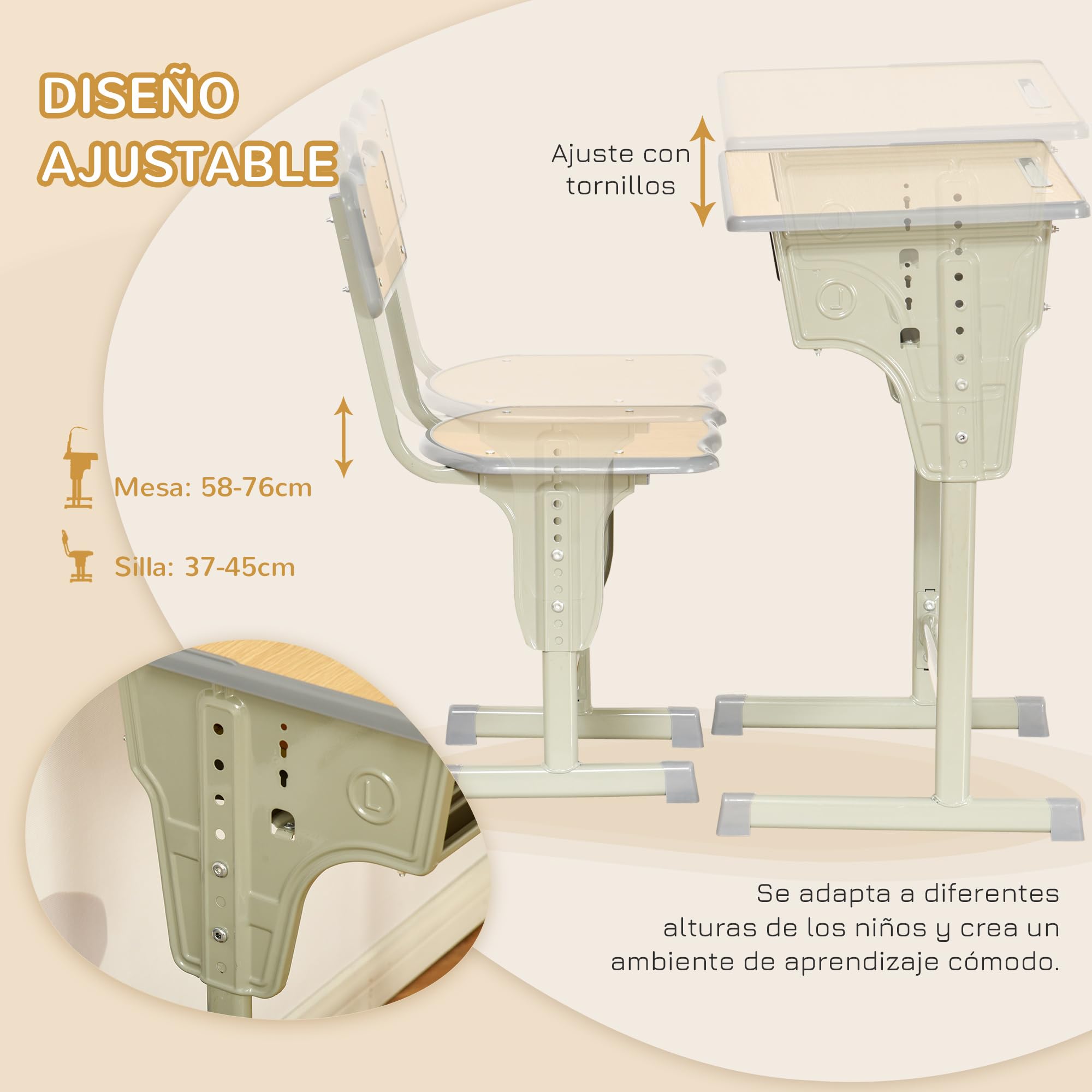 HOMCOM Juego de Escritorio y Silla para Niños de +6 Años Escritorio Infantil Altura Regulable Pupitre Infantil con Gancho y Cajón Madera Natural