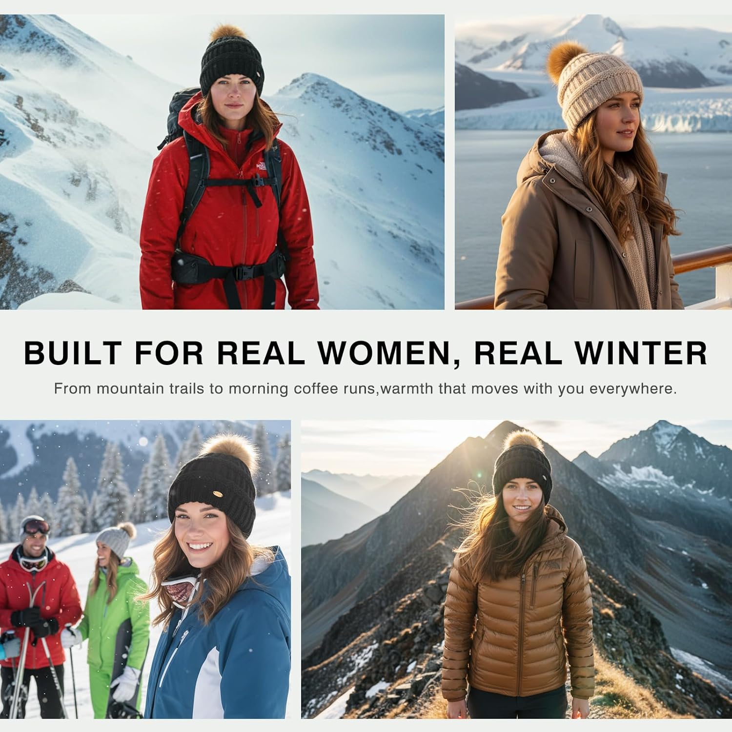 TOP-EX Women’s Winter Beanie Hat Chestnut Brown, Merino Wool Fleece Lined Knit Cap with Hidden Ponytail Hole and Detachable Faux Fur Pom, Warm Cozy Thermal Hat for Cold Weather Ski - Image 9