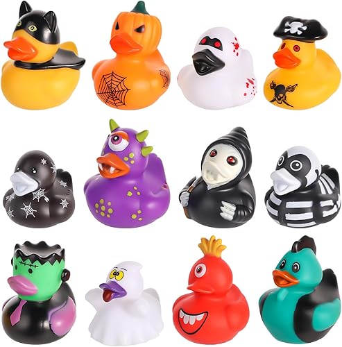 12 patos de goma de Halloween, juguete de pato de goma divertido con temática de Halloween, colorido y lindo pato de baño para niños, decoración de