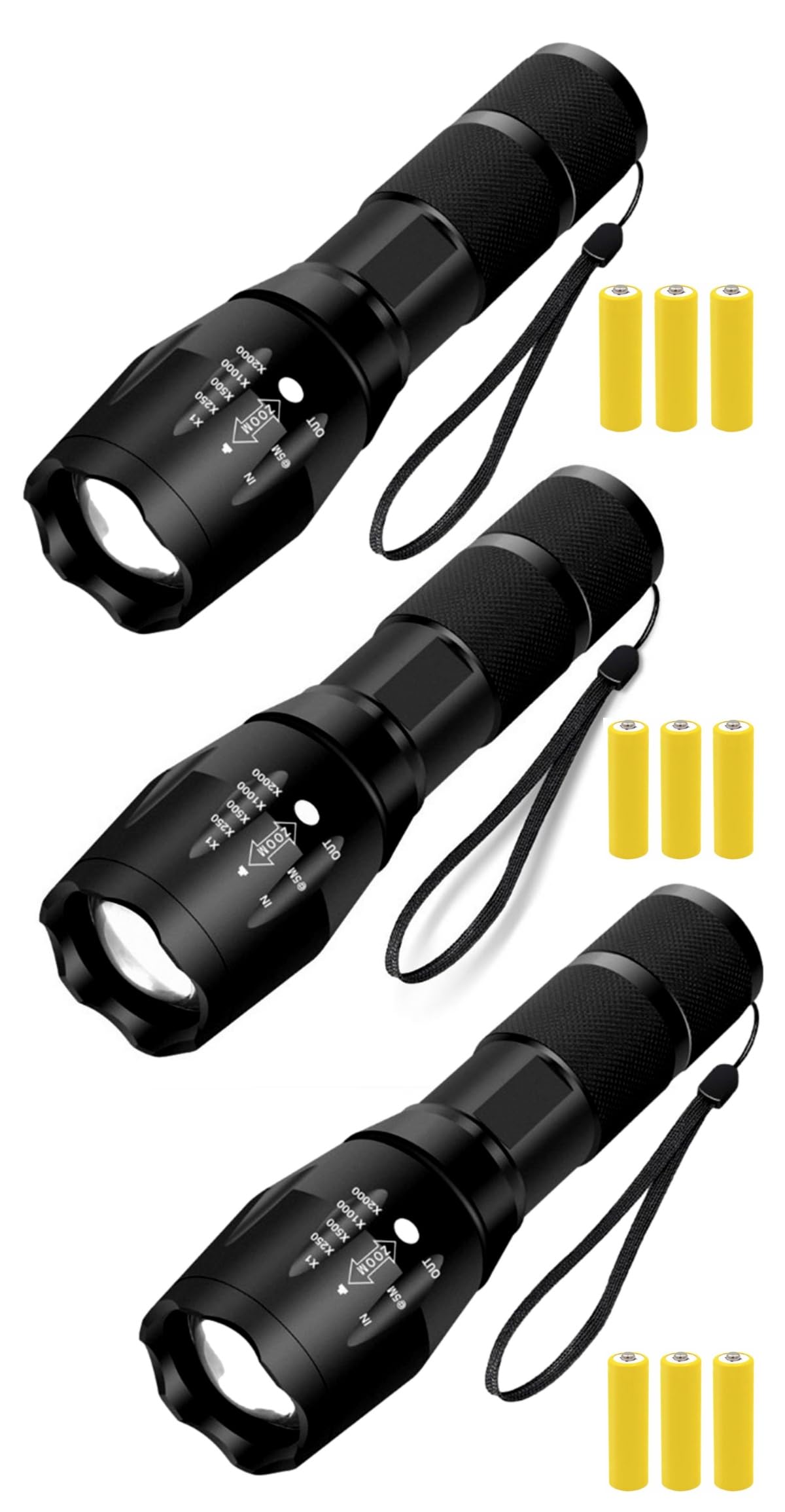 LED Torch Battery Powered, Super Bright Hand Flashlight, Adjustable Focus, Water Resistant, Lightweight Small Mini Pocket Zoom Lamp, Camping, Dog Walking, Strobe SOS Safety Function (3 x Torches)