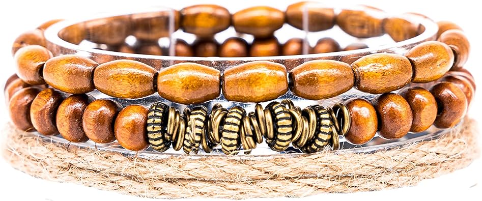 Made by Nami Surfer Beaded Bracelet Stack for Men Waterproof & Adjustable Boho Bracelet Set Handmade Jewelry Gift for Him Nautical Yard, Brown Beads
