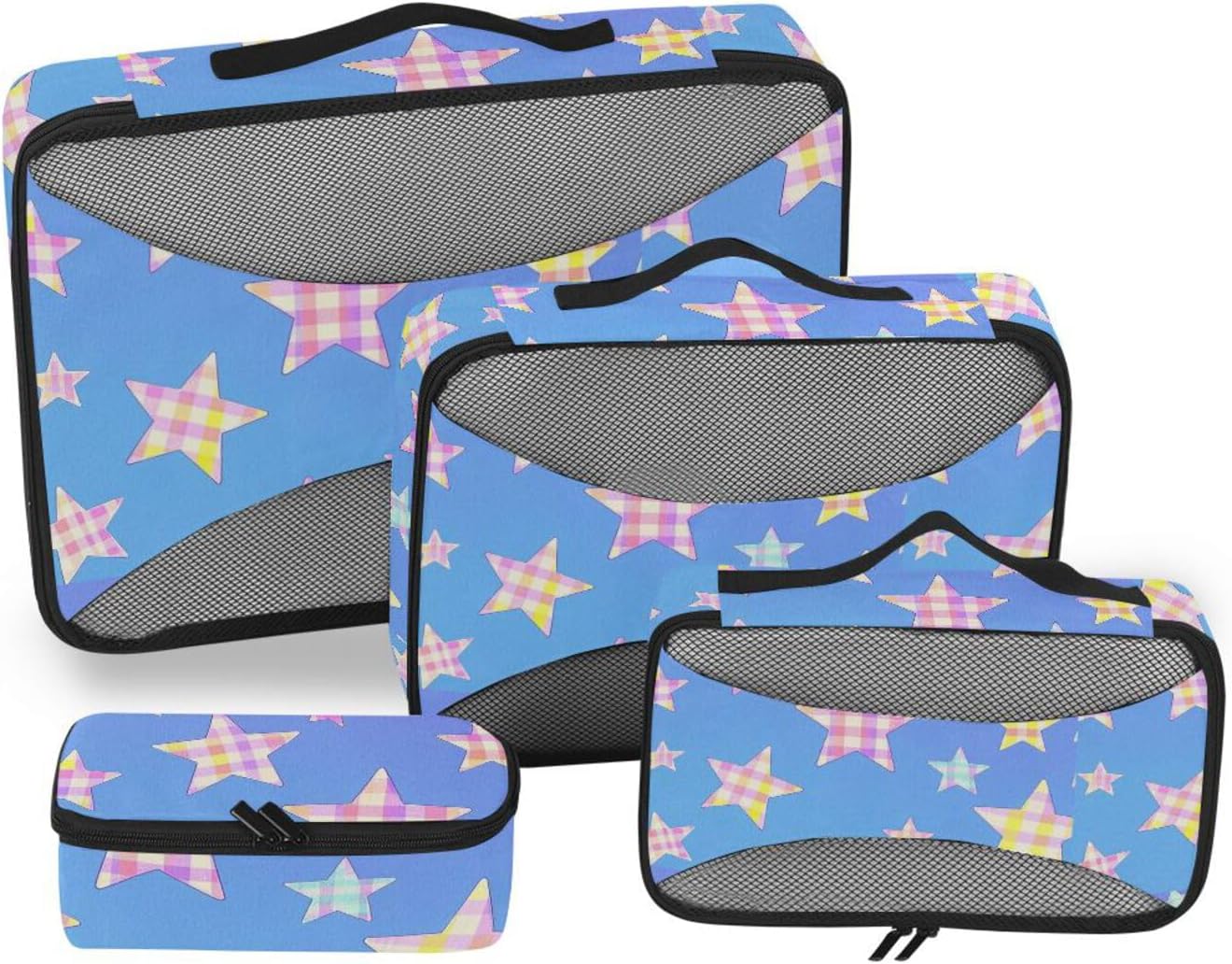 Cartoon Checkered Plaid Star Blue 4 Pcs set organizer for closet Mesh Travel Essentials expandable packing cubes for carry
