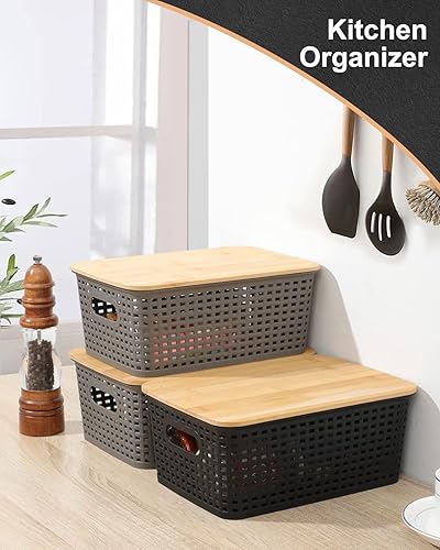 Miniatura 5 de AREYZIN Contenedores de almacenamiento con tapas de bambú, juego de 6 contenedores de almacenamiento con tapa, cestas de plástico, contenedores