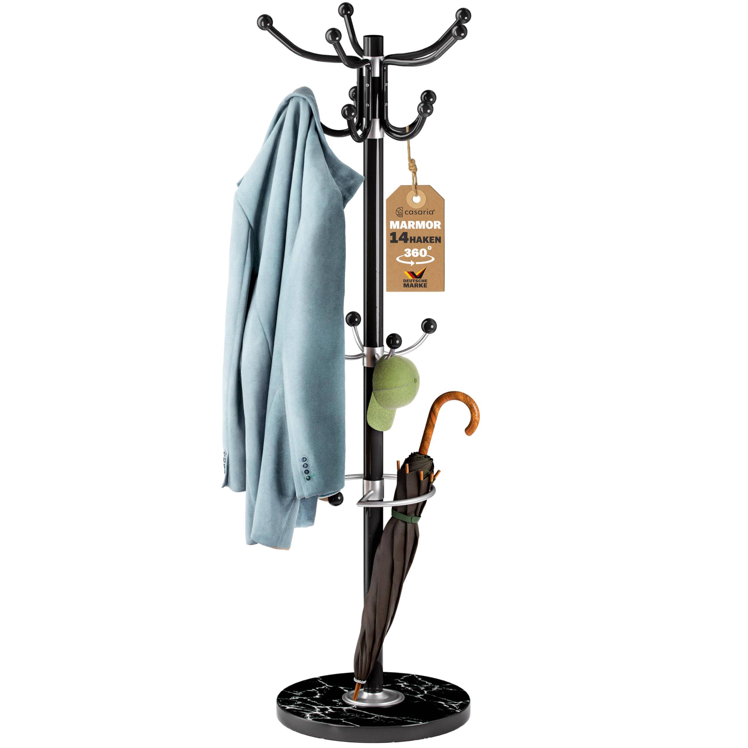 CASARIA® Perchero de Pie, Forma de Árbol, Percheros Pasillo,14 Ganchos, Base Mármol, Recibidor Entrada, Colgador Chaquetas Sombreros Ropa Resistente Bolsos 175x37cm