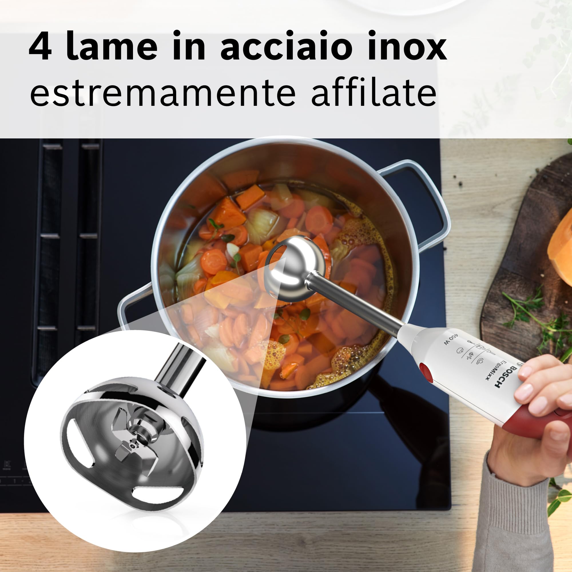 Bosch Frullatore a Immersione MSM64110, 450 W, Impugnatura Ergonomica, Piede in Acciaio Inox, Lama a 4 ali Acciaio Inox, Due Livelli di Velocità, Pratico Bicchiere Graduato Incluso, Bianco, Rosso