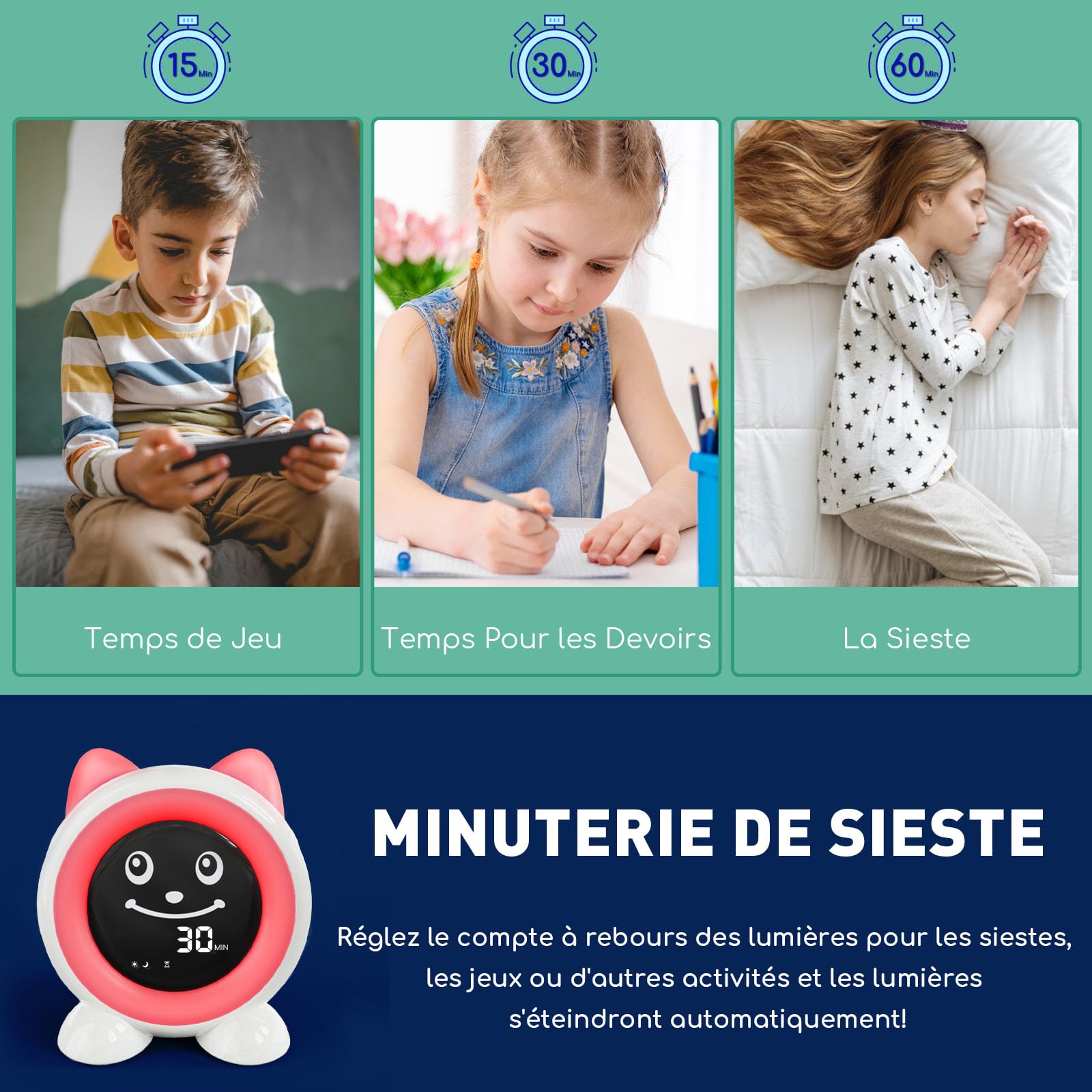I·CODE Reveil Enfant, Réveil Enfant Educatif Jour Nuit avec Emoji Et Lumière, Parfait pour 2-10 Ans Reveil Fille Garçon
