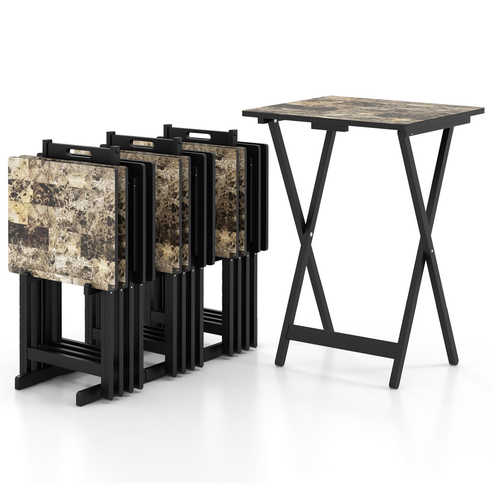 COSTWAY Set di 4 Tavolini Pieghevoli, Tavolio da Giardino in Legno, Maniglia per il Trasporto, Tavolino Laterale Portatile per Giardino Balcone Soggiorno, Portata 30 kg, 48 x 40 x 67 cm