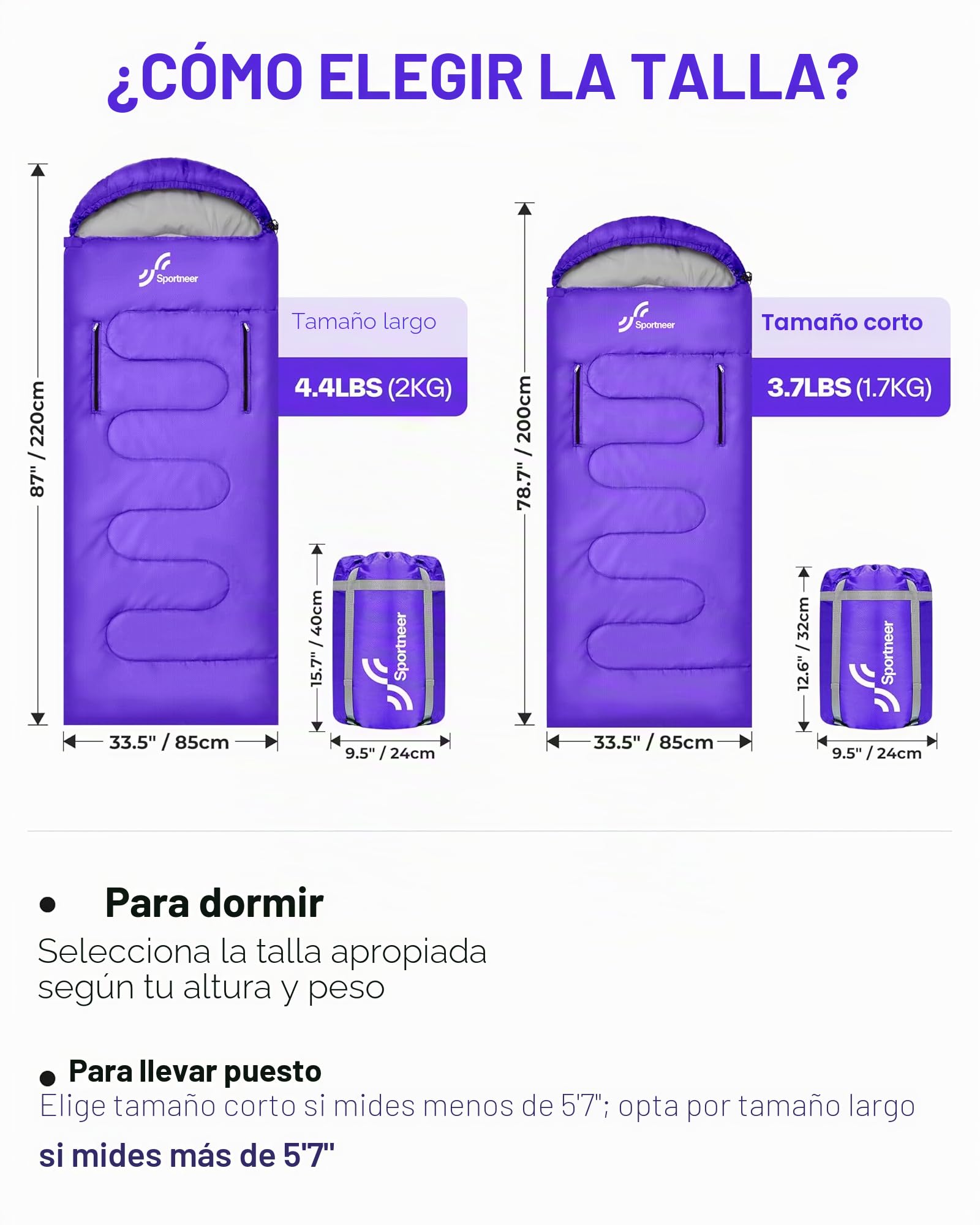 Sportneer Saco de Dormir portátil Adecuado para Las 4 Estaciones con Orificios con Cremallera para Brazos y pies Saco de Dormir Individual para Adultos para Senderismo y Viajes, 20 Grados, Púrpura