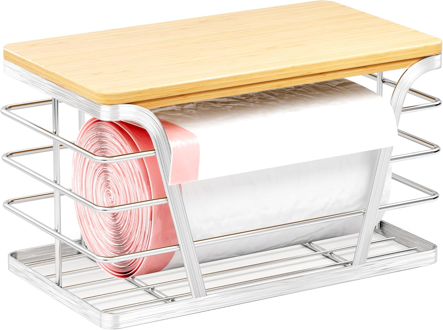 Trash Bag Dispenser with Bamboo Top for Kitchen Storage Organization,Stackable Storage Organizer Trash Bag Holder under Sink, Silver