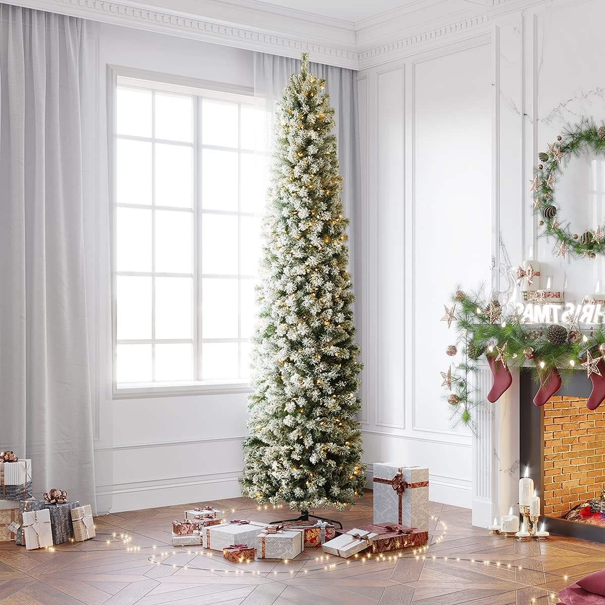 OasisCraft 9 Foot Prelit Snow Flocked Artificial Pencil Christmas Tree with 450 Clear Lights, Hinged Snowy Slim Xmas Tree Outdoor for Festive Holiday Decor
