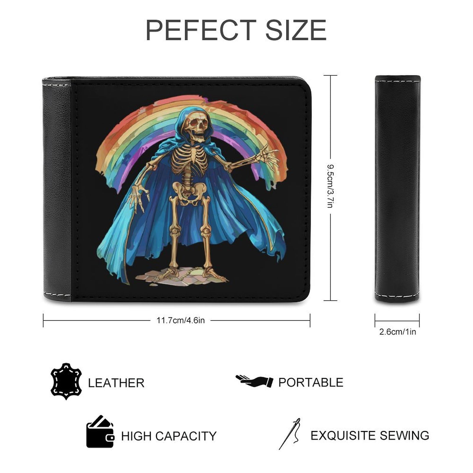 Skeleton Cape Rainbow Funny Men's Slim Bifold Wallet with Multiple Card Slots Front Pocket Purse