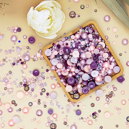 Miniatura 4 de Diamantes de imitación y perlas de resina con parte trasera plana, 1.76 oz, mezcla de perlas semicirculares y diamantes de imitación de gelatina