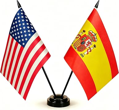 US American & Spain Friendship Table Flag, Spanish Flags For Room Display,USA Spain Twin Desk Flag Set