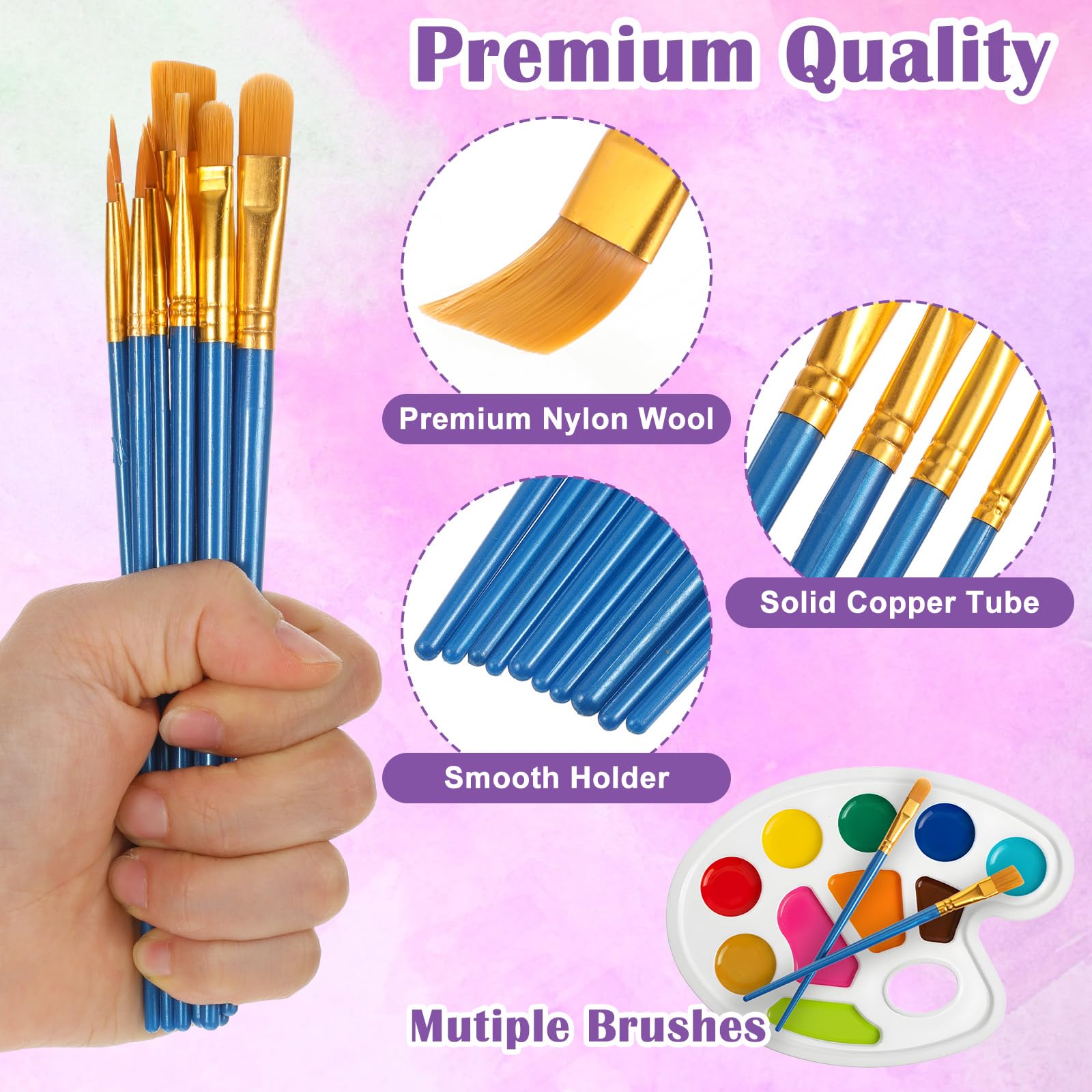 Lot de 220 palettes de pinceaux de peinture, 20 paquets de 200 pinceaux et 20 palettes, tête de pinceau en nylon, convient pour l'aquarelle à l'huile, etc., ensemble de peinture artistique parfait
