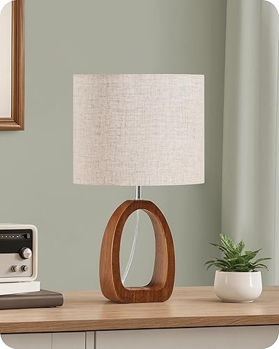 Miniatura 9 de Lámpara de mesa pequeña, lámpara de escritorio de 14.2 pulgadas, lámpara de noche de madera con pantalla de lino, lámpara de mesita de noche moderna
