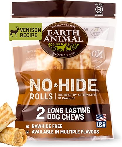 Earth Animal Masticables No Hide - Rollos masticables para perros pequeños sin cuero crudo de larga duración, Venado - 2 unidades