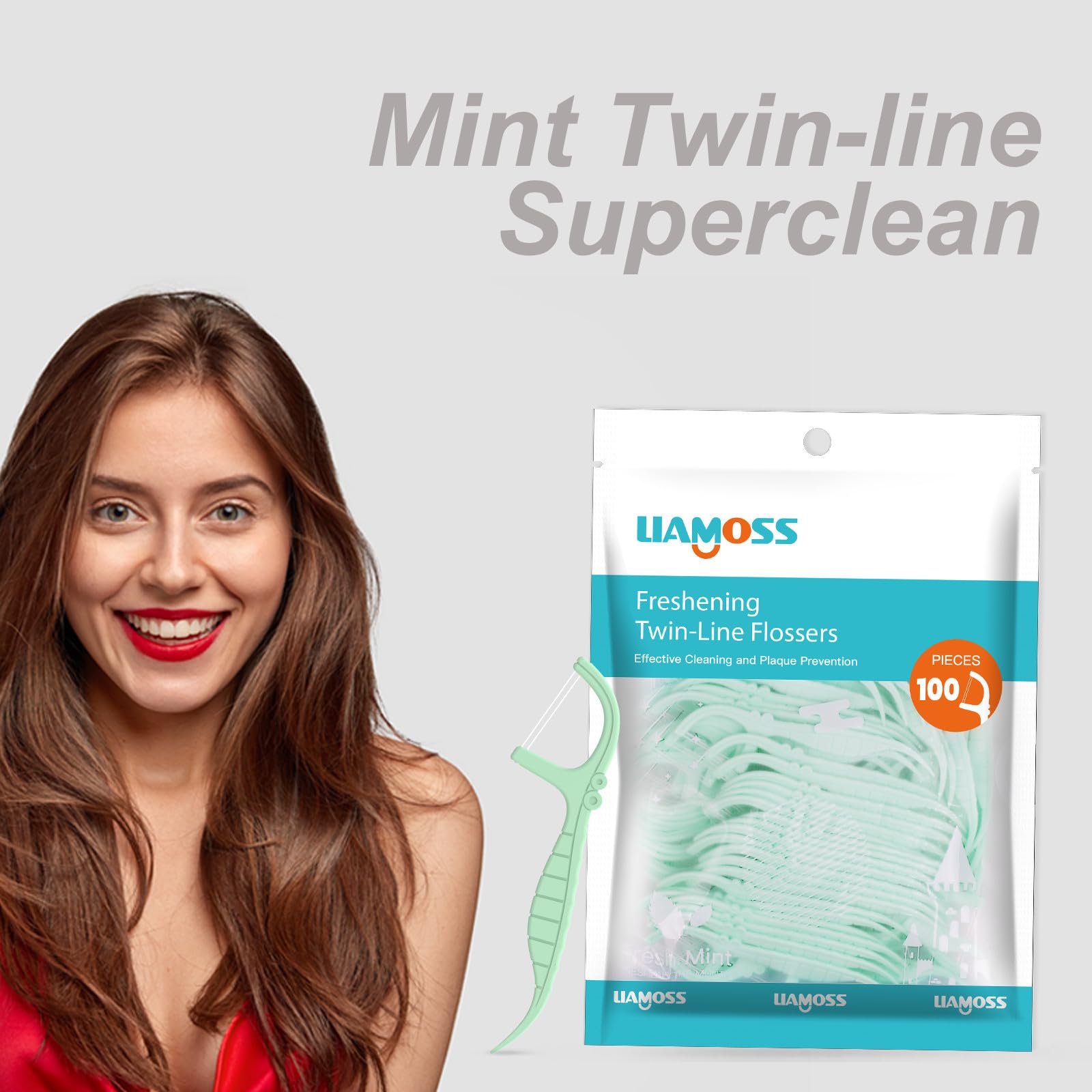 Twin-Line Dental Flossers,100 Count Mint Flavor Dental Floss Picks,LIAMOSS Dual Action for Super Cleanup Teeth in Less Than Two Minutes,Unbreakable & No-Shred Toothpicks Sticks