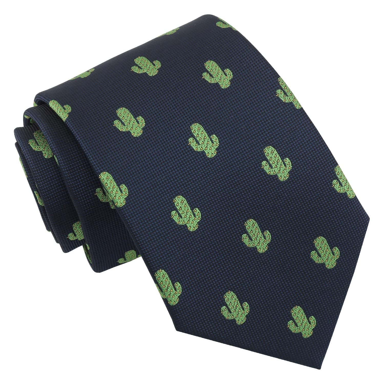 DQT Men's Embroidered Emoji Print Novelty Classic Tie - Navy Blue Cactus